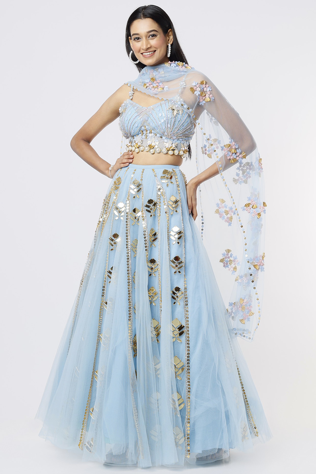 Ice Blue Tulle Embellished Bridal Lehenga Set by Papa Don't Preach by Shubhika at Pernia's Pop Up Shop