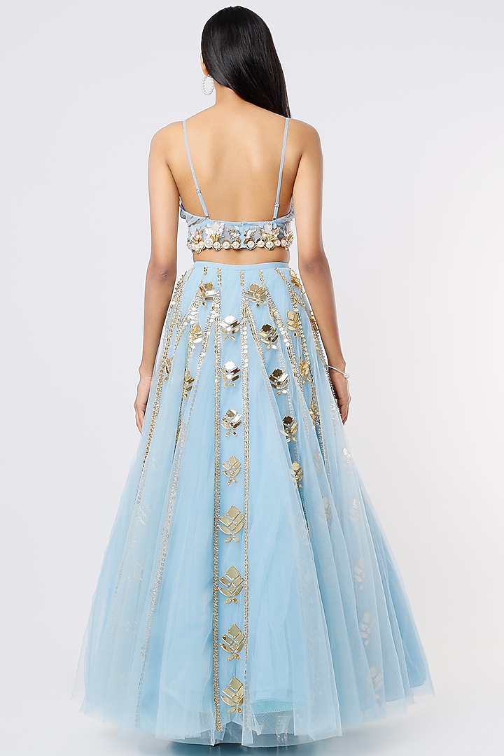 Ice Blue Tulle Embellished Bridal Lehenga Set by Papa Don't Preach by Shubhika at Pernia's Pop Up Shop