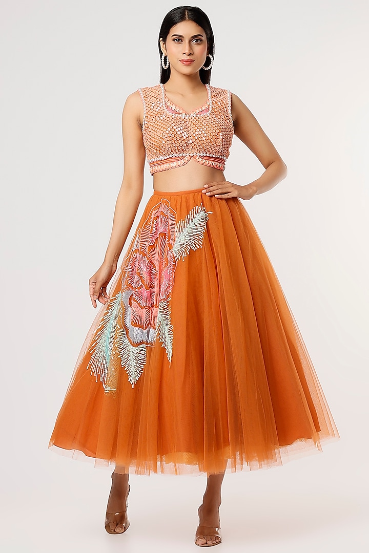 Brick Brown Embroidered Lehenga Set by Papa Don't Preach by Shubhika