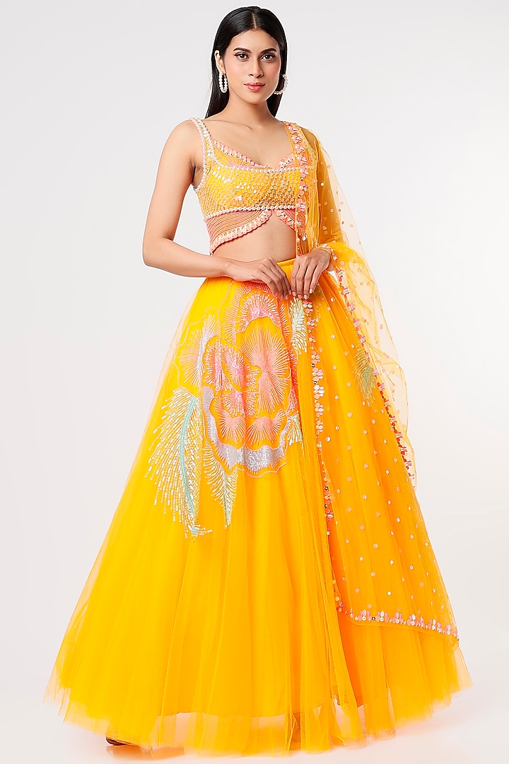 Mango Yellow Embroidered Bridal Lehenga Set by Papa Don't Preach by Shubhika at Pernia's Pop Up Shop