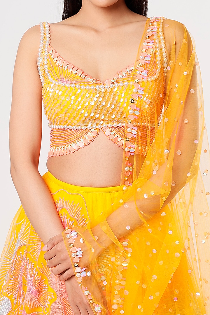Mango Yellow Embroidered Bridal Lehenga Set by Papa Don't Preach by Shubhika at Pernia's Pop Up Shop