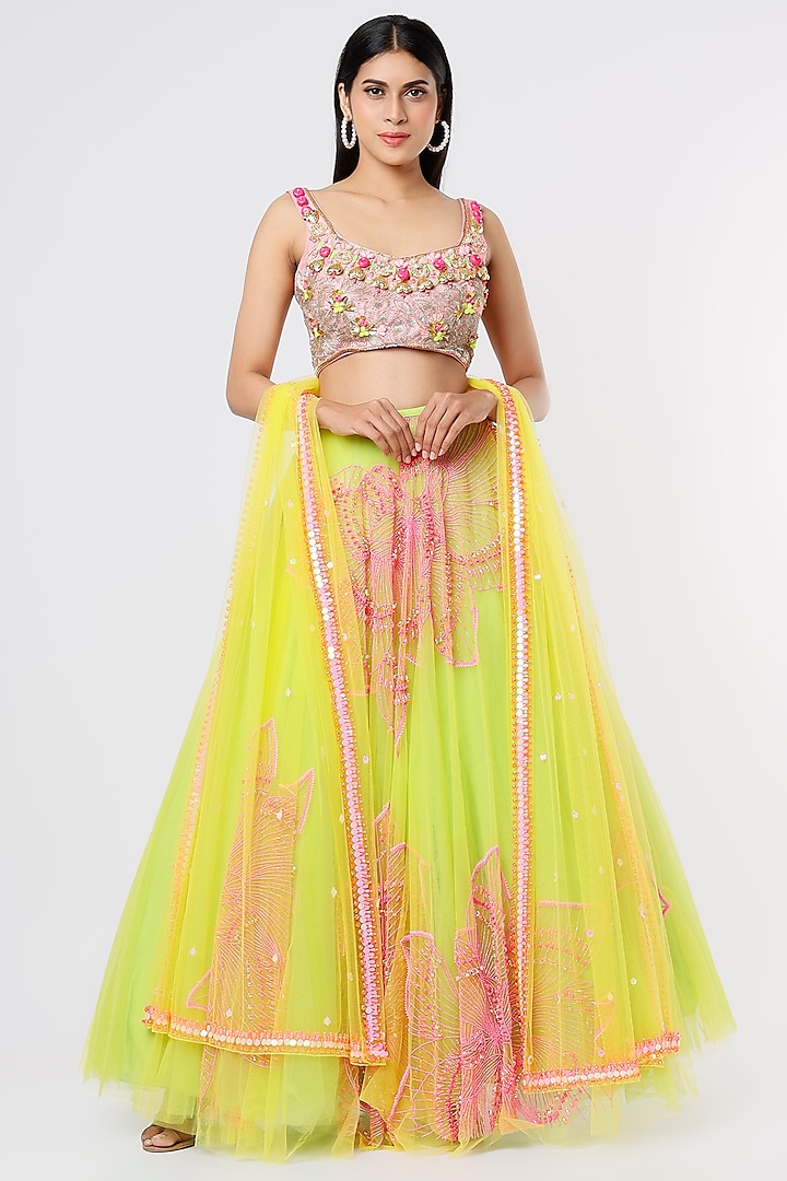 Lime Embroidered Shaded Bridal Lehenga Set by Papa Don't Preach by Shubhika at Pernia's Pop Up Shop