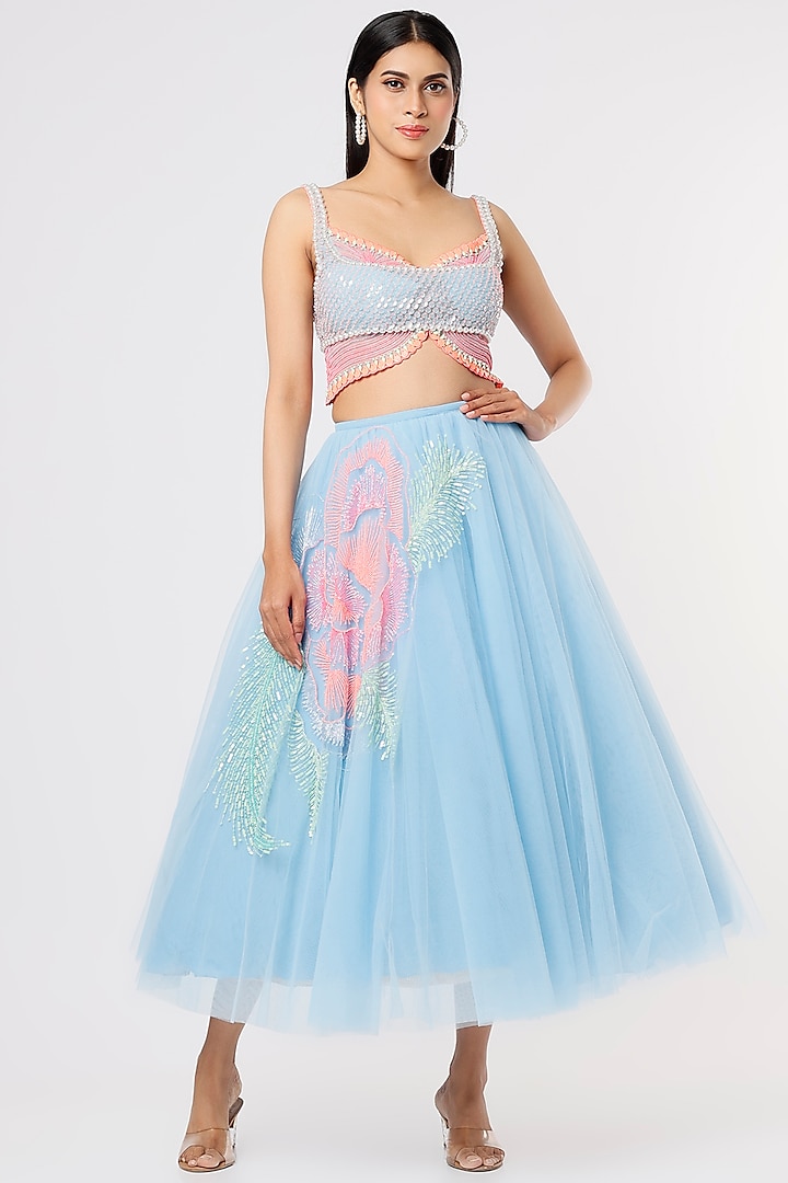 Powder Blue Embroidered Half Wedding Lehenga Set by Papa Don't Preach by Shubhika at Pernia's Pop Up Shop