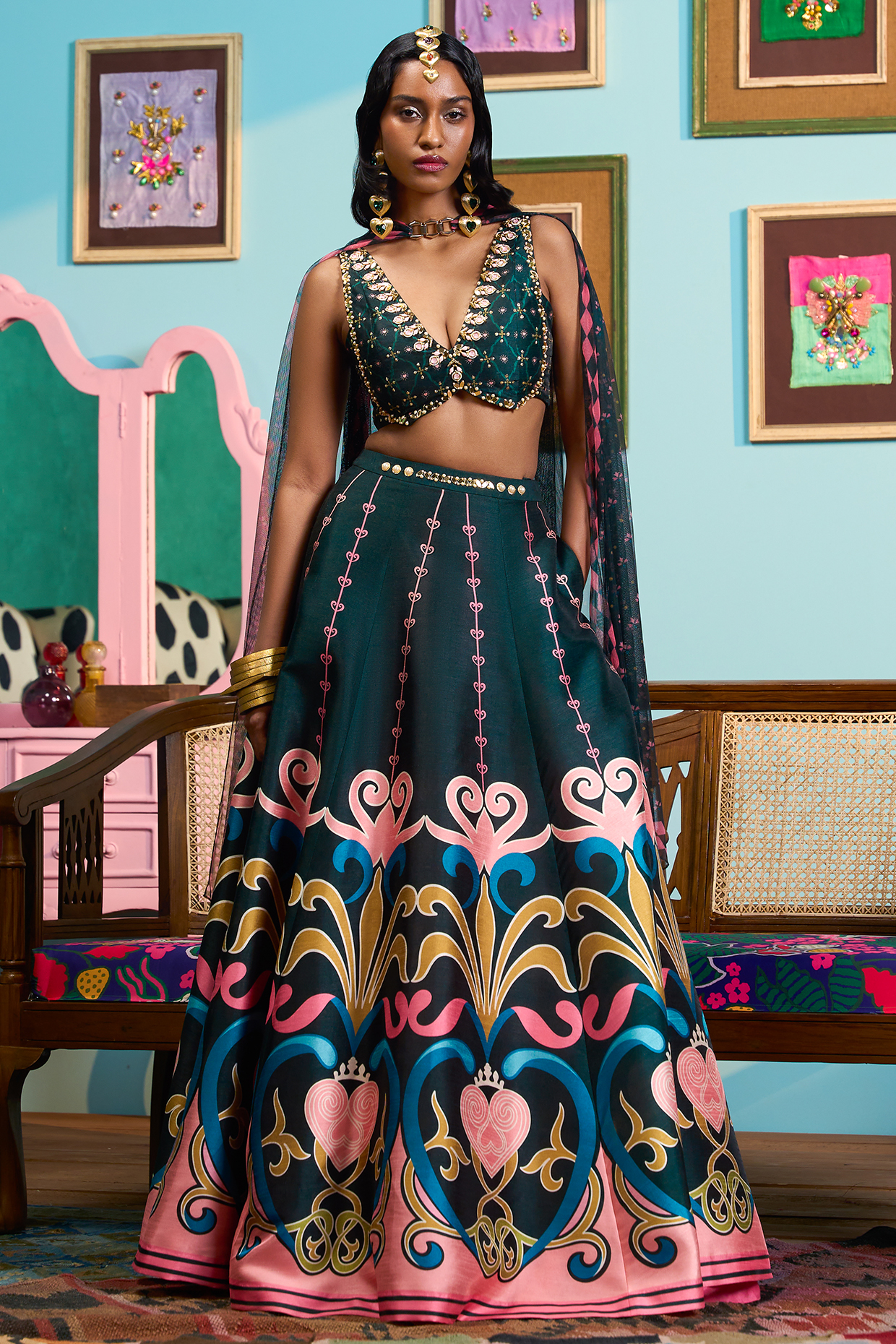 Green Raw Silk Printed Wedding Lehenga Set by Papa Don't Preach by Shubhika at Pernia's Pop Up Shop