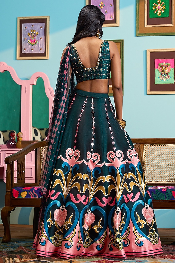 Green Raw Silk Printed Wedding Lehenga Set by PAPA DONT PREACH PRET at Pernia's Pop Up Shop
