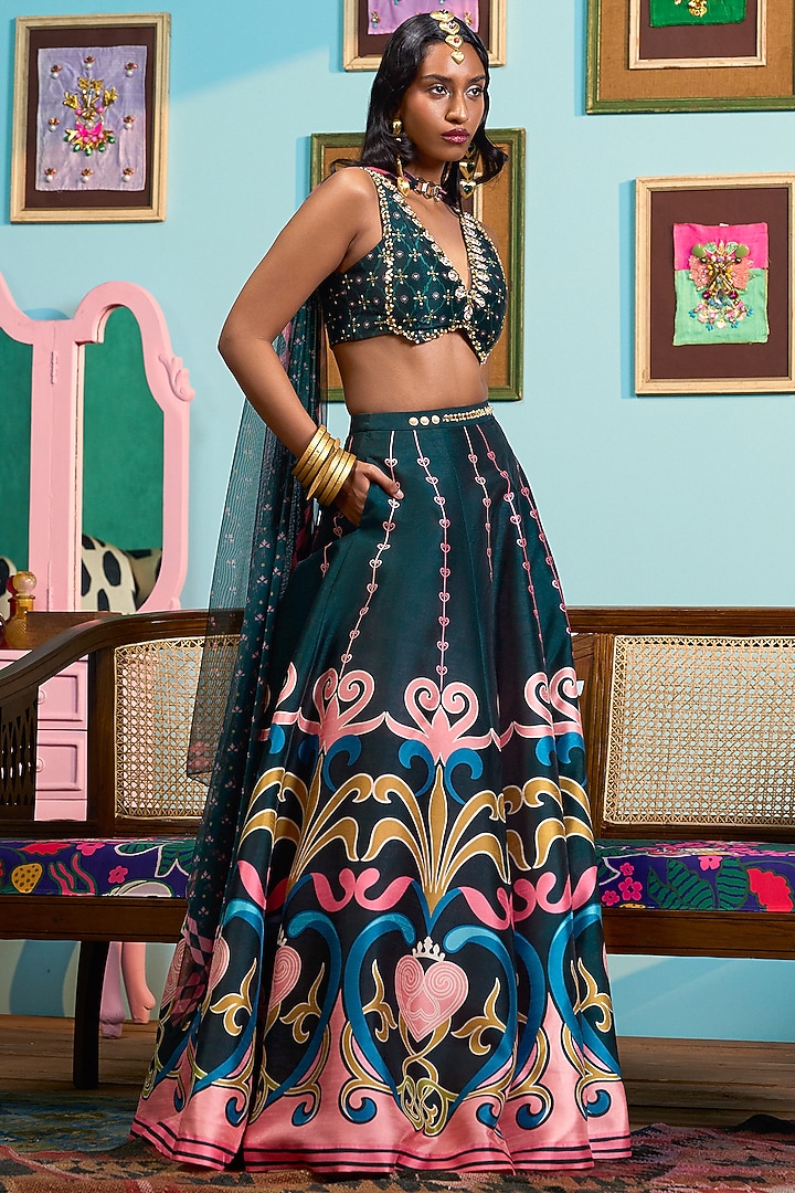 Green Raw Silk Printed Wedding Lehenga Set by PAPA DONT PREACH PRET at Pernia's Pop Up Shop