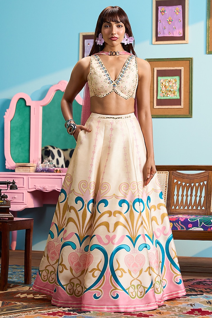 Ivory Raw Silk Printed Wedding Lehenga Set by PAPA DONT PREACH PRET at Pernia's Pop Up Shop