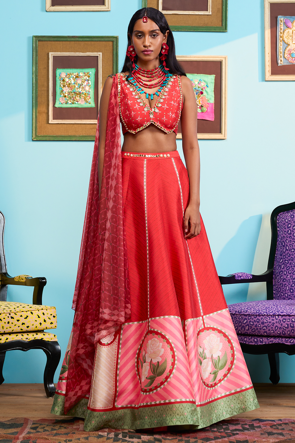 Red Raw Silk Printed Wedding Lehenga Set by Papa Don't Preach by Shubhika at Pernia's Pop Up Shop