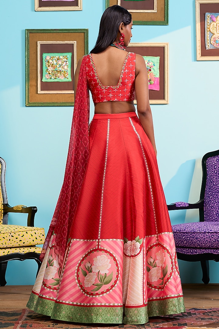 Red Raw Silk Printed Wedding Lehenga Set by PAPA DONT PREACH PRET at Pernia's Pop Up Shop