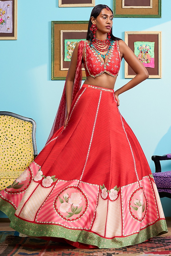 Red Raw Silk Printed Wedding Lehenga Set by PAPA DONT PREACH PRET at Pernia's Pop Up Shop