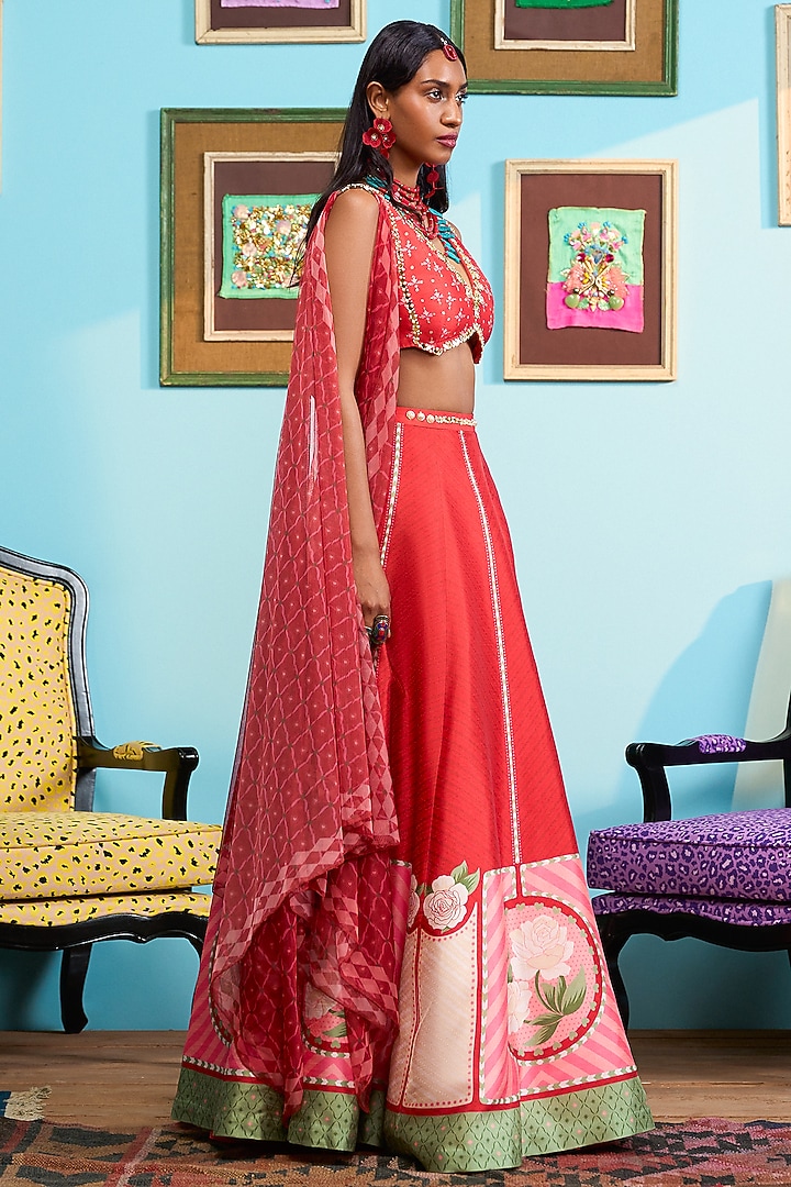 Red Raw Silk Printed Wedding Lehenga Set by PAPA DONT PREACH PRET at Pernia's Pop Up Shop