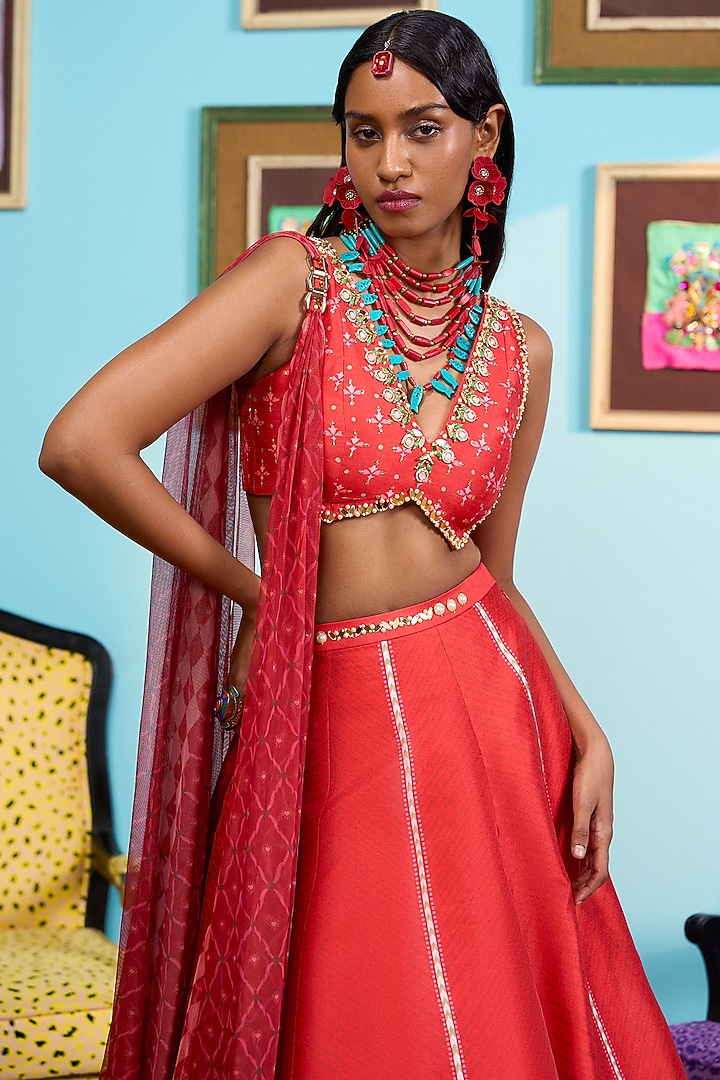 Red Raw Silk Printed Wedding Lehenga Set by PAPA DONT PREACH PRET at Pernia's Pop Up Shop