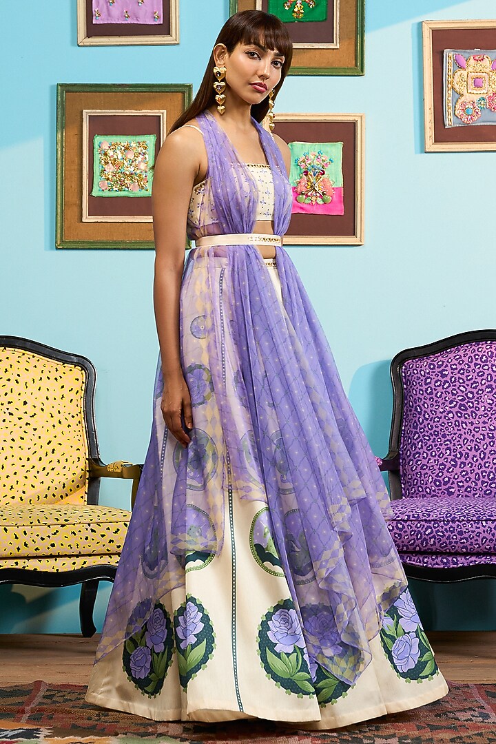 Ivory Raw Silk Printed Jacket Wedding Lehenga Set by PAPA DONT PREACH PRET at Pernia's Pop Up Shop