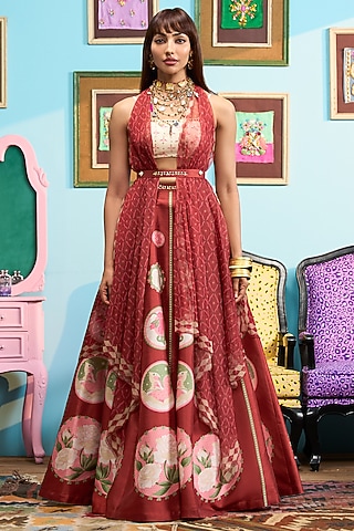 Rust Red Raw Silk Printed Jacket Lehenga Set by PAPA DONT PREACH PRET