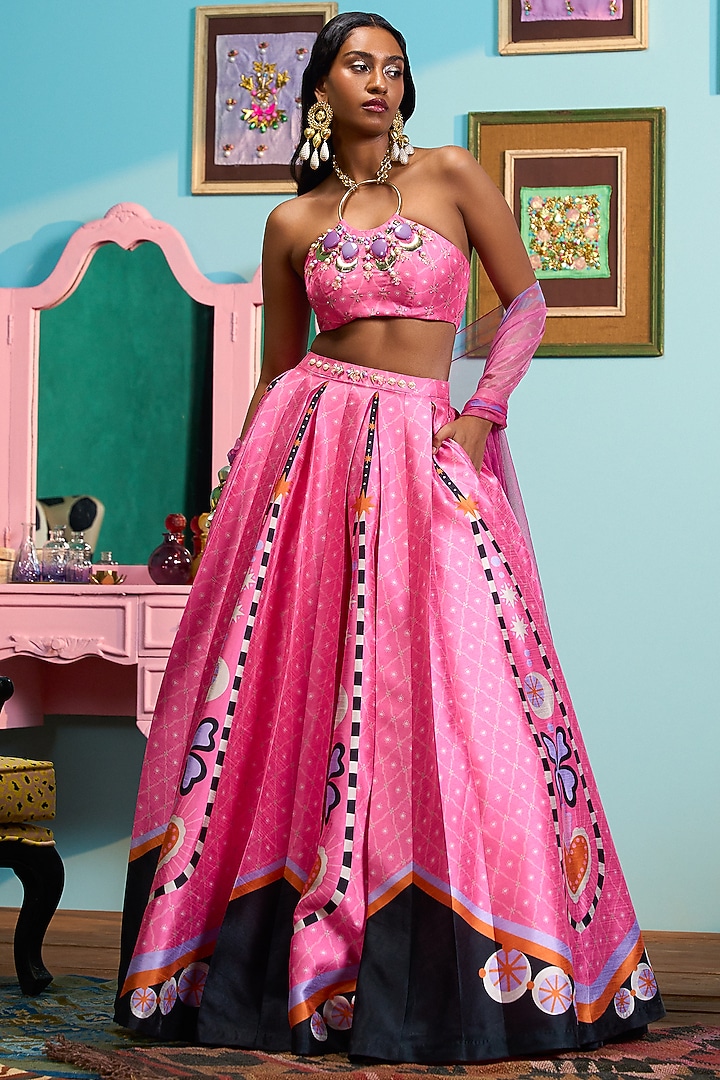 Pink Raw Silk Printed Box Pleated Wedding Lehenga Set by PAPA DONT PREACH PRET at Pernia's Pop Up Shop
