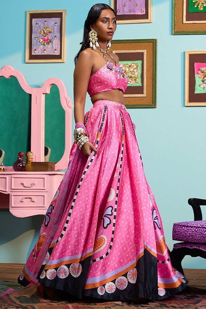 Pink Raw Silk Printed Box Pleated Wedding Lehenga Set by PAPA DONT PREACH PRET at Pernia's Pop Up Shop