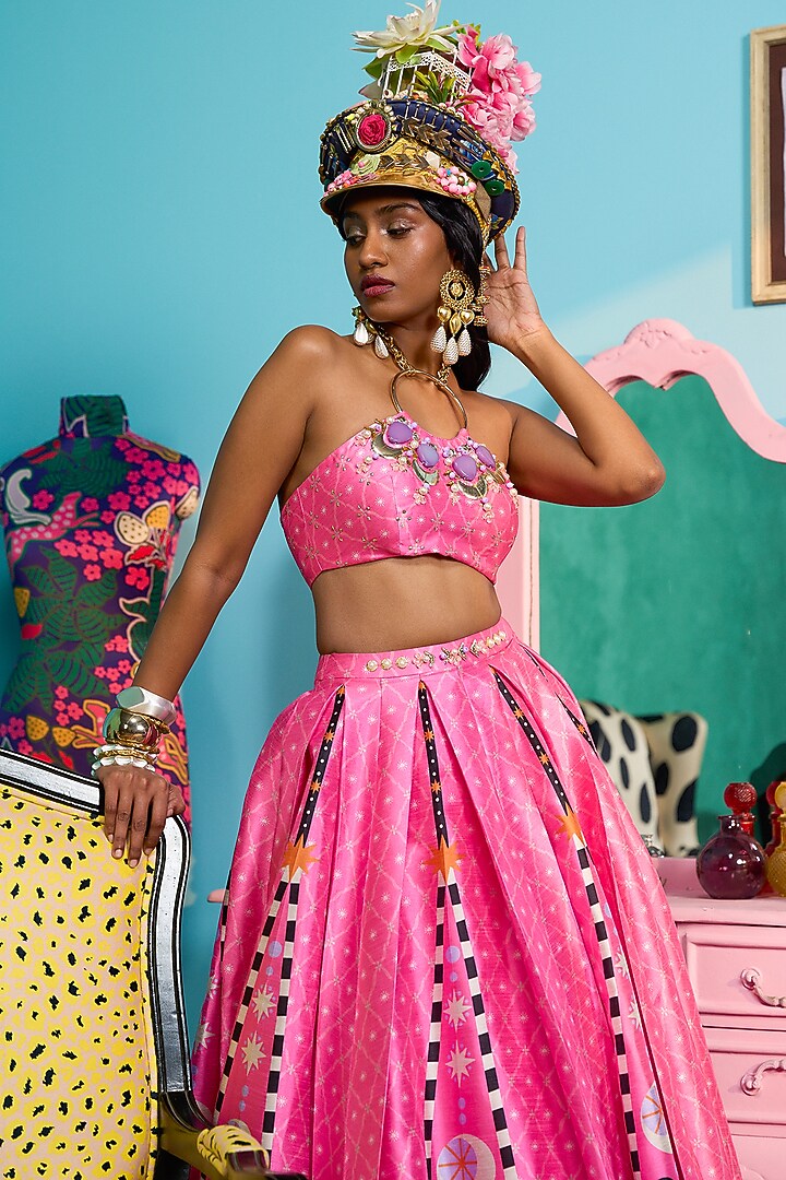Pink Raw Silk Printed Box Pleated Wedding Lehenga Set by PAPA DONT PREACH PRET at Pernia's Pop Up Shop