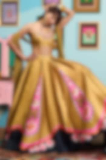 Mustard Yellow Raw Silk Printed Box Pleated Wedding Lehenga Set by PAPA DONT PREACH PRET at Pernia's Pop Up Shop