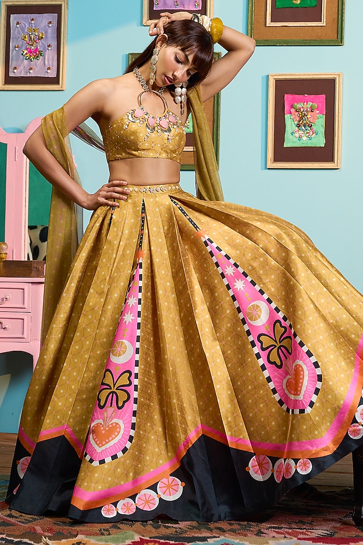 Mustard Yellow Raw Silk Printed Box Pleated Wedding Lehenga Set by PAPA DONT PREACH PRET at Pernia's Pop Up Shop