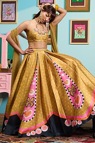 Mustard Yellow Raw Silk Printed Box Pleated Lehenga Set by PAPA DONT PREACH PRET