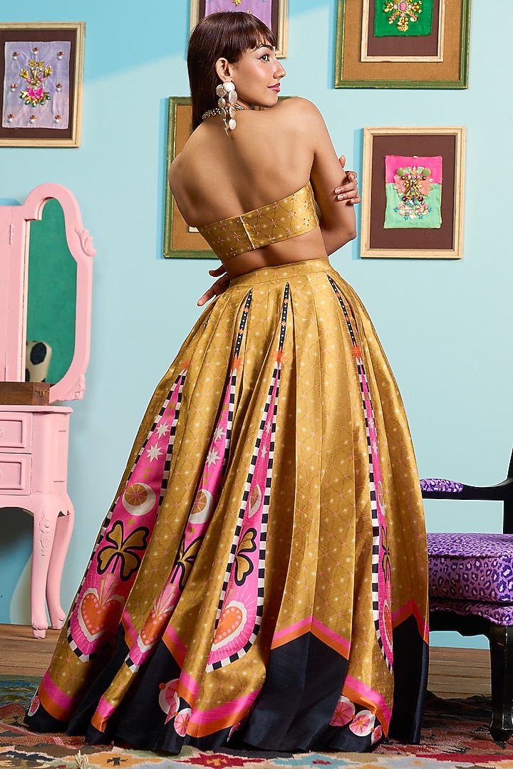 Mustard Yellow Raw Silk Printed Box Pleated Wedding Lehenga Set by PAPA DONT PREACH PRET at Pernia's Pop Up Shop