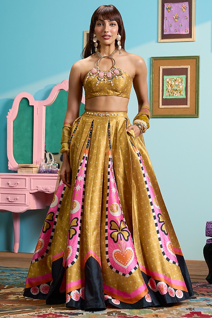 Mustard Yellow Raw Silk Printed Box Pleated Wedding Lehenga Set by PAPA DONT PREACH PRET at Pernia's Pop Up Shop