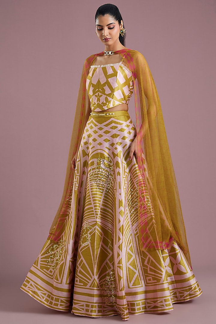 Mustard Yellow Raw Silk Printed Wedding Lehenga Set by PAPA DONT PREACH PRET at Pernia's Pop Up Shop