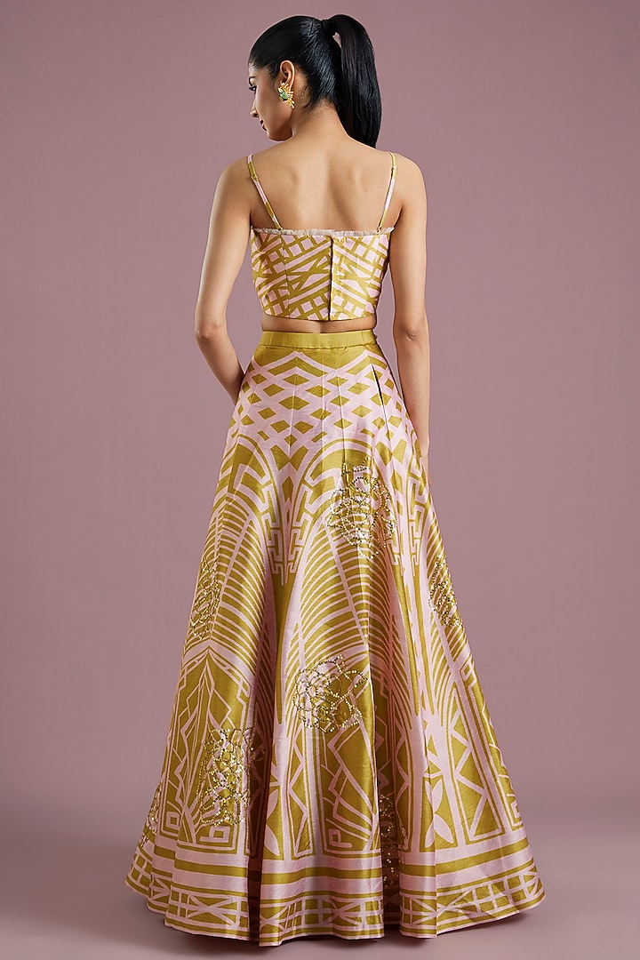 Mustard Yellow Raw Silk Printed Wedding Lehenga Set by PAPA DONT PREACH PRET at Pernia's Pop Up Shop