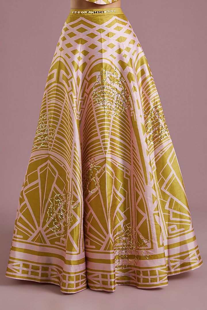 Mustard Yellow Raw Silk Printed Wedding Lehenga Set by PAPA DONT PREACH PRET at Pernia's Pop Up Shop