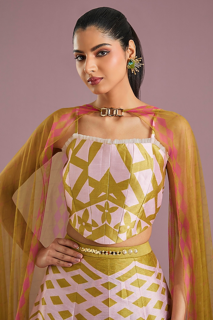 Mustard Yellow Raw Silk Printed Wedding Lehenga Set by PAPA DONT PREACH PRET at Pernia's Pop Up Shop