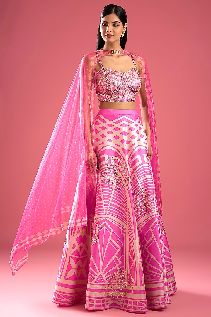 Pink Raw Silk Printed Wedding Lehenga Set by PAPA DONT PREACH PRET at Pernia's Pop Up Shop