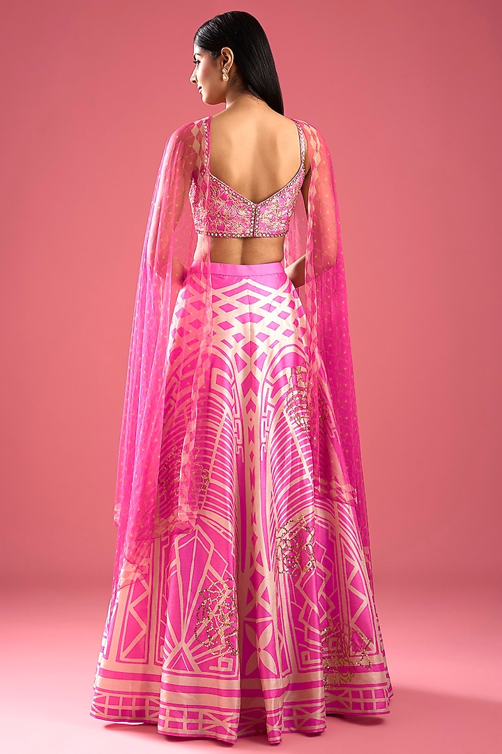 Pink Raw Silk Printed Wedding Lehenga Set by PAPA DONT PREACH PRET at Pernia's Pop Up Shop