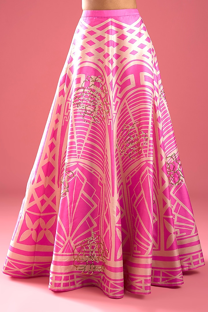 Pink Raw Silk Printed Wedding Lehenga Set by PAPA DONT PREACH PRET at Pernia's Pop Up Shop