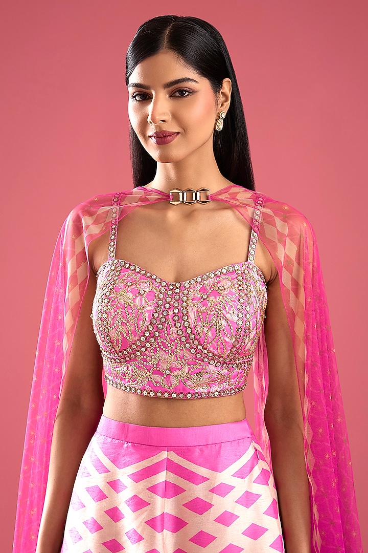 Pink Raw Silk Printed Wedding Lehenga Set by PAPA DONT PREACH PRET at Pernia's Pop Up Shop