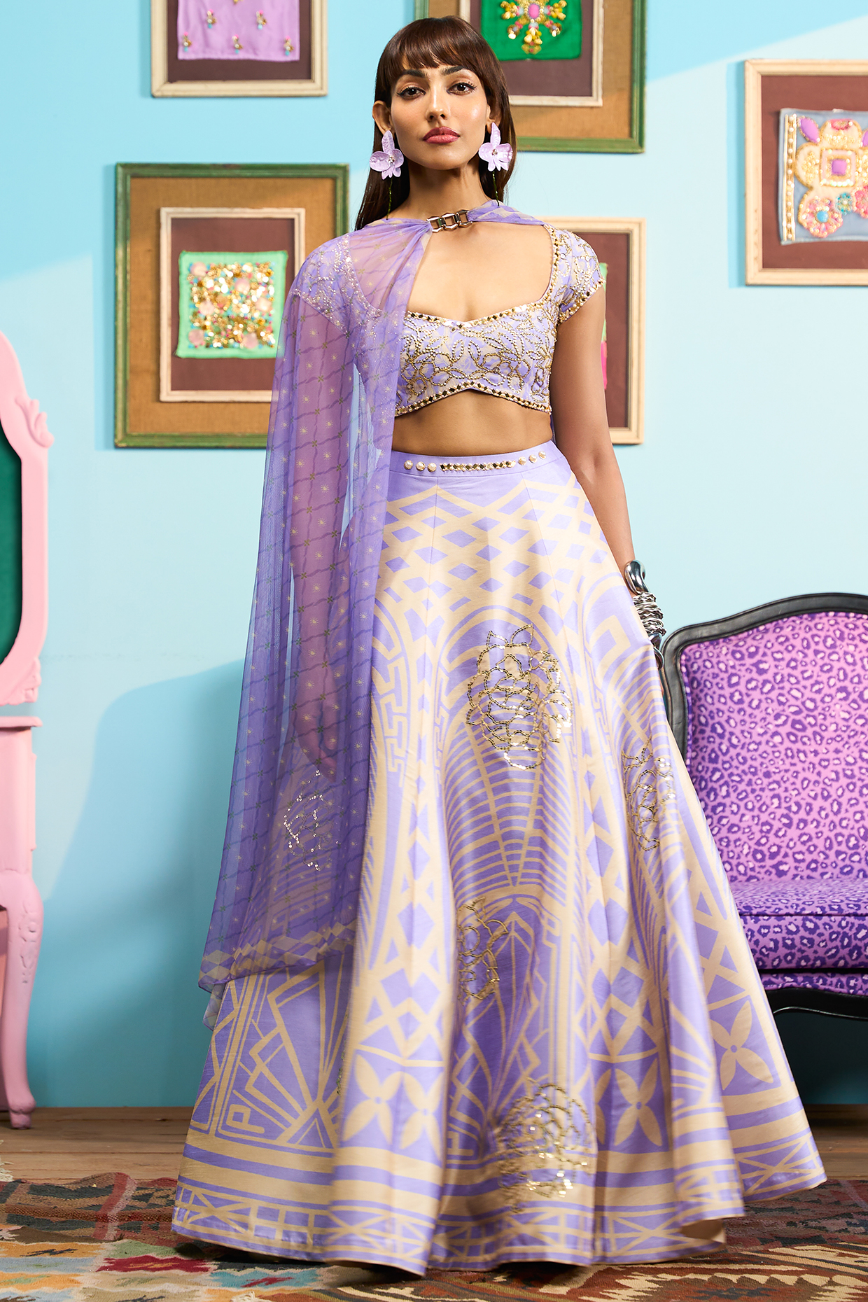 Lilac Raw Silk Printed Wedding Lehenga Set by Papa Don't Preach by Shubhika at Pernia's Pop Up Shop
