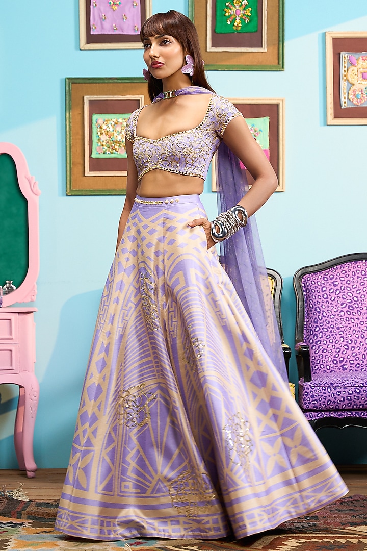 Lilac Raw Silk Printed Wedding Lehenga Set by PAPA DONT PREACH PRET at Pernia's Pop Up Shop
