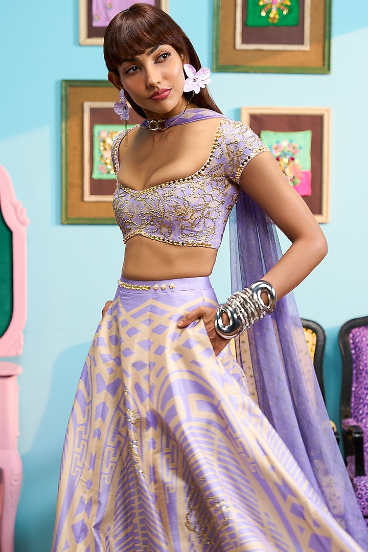 Lilac Raw Silk Printed Wedding Lehenga Set by PAPA DONT PREACH PRET at Pernia's Pop Up Shop