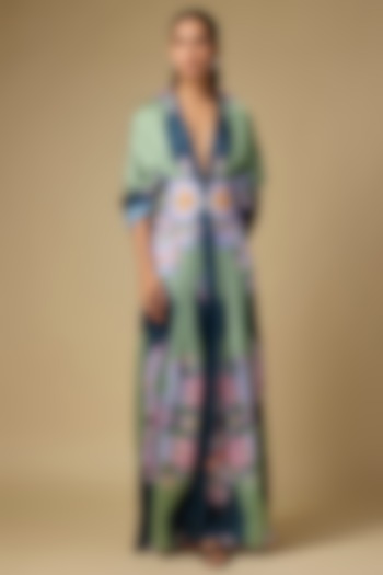 Black Satin Linen Printed Draped Jacket by PAPA DONT PREACH PRET at Pernia's Pop Up Shop