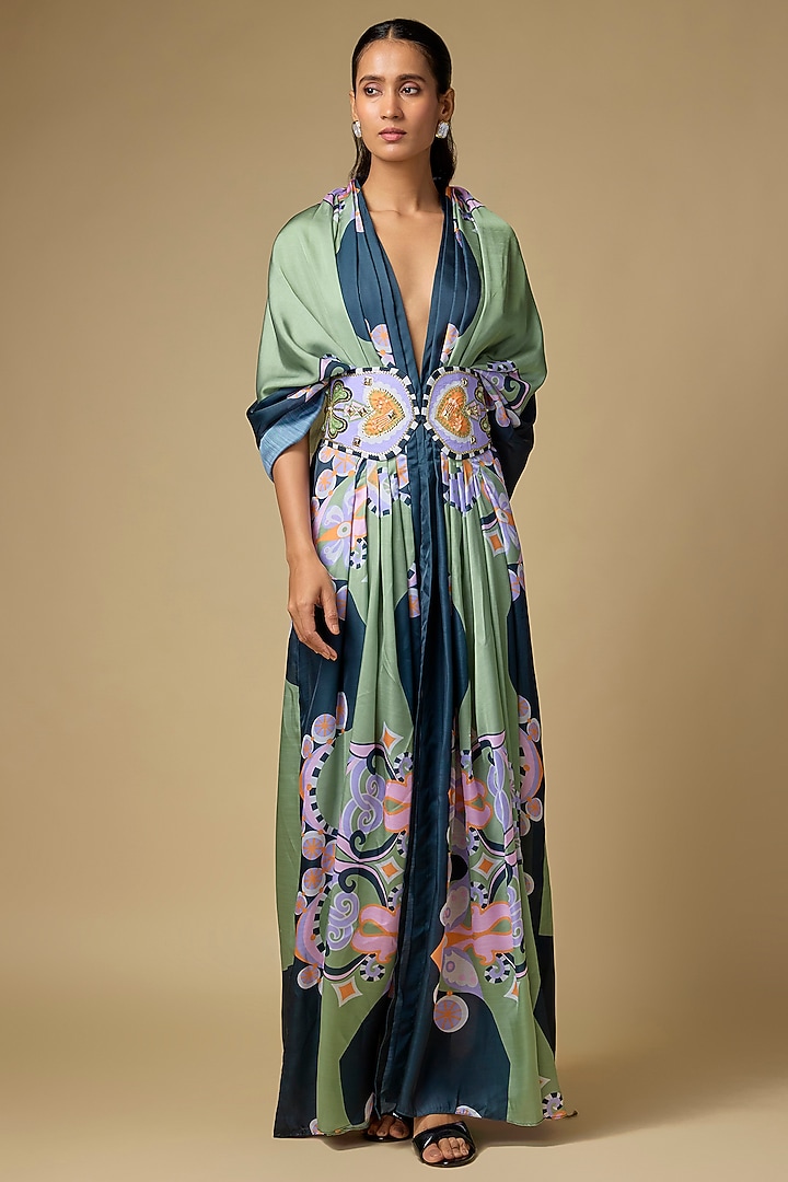 Black Satin Linen Printed Draped Jacket by PAPA DONT PREACH PRET at Pernia's Pop Up Shop