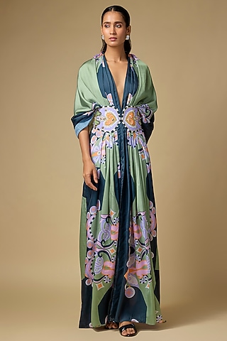 Black Satin Linen Printed Draped Jacket by PAPA DONT PREACH PRET