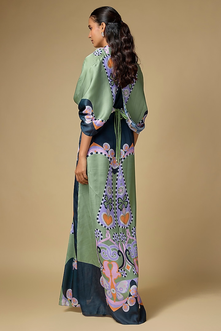 Black Satin Linen Printed Draped Jacket by PAPA DONT PREACH PRET at Pernia's Pop Up Shop