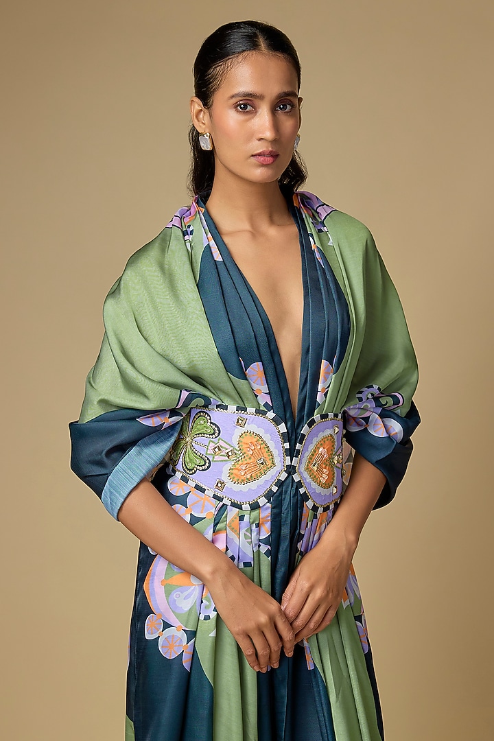 Black Satin Linen Printed Draped Jacket by PAPA DONT PREACH PRET at Pernia's Pop Up Shop