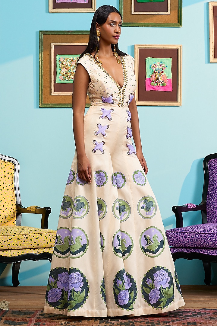 Ivory Raw Silk Printed & Embroidered Jumpsuit by PAPA DONT PREACH PRET at Pernia's Pop Up Shop