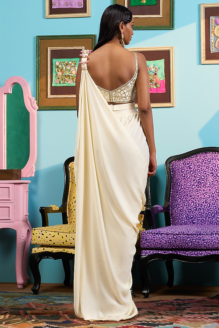 Ivory Georgette Pant Reception Saree Set by PAPA DONT PREACH PRET at Pernia's Pop Up Shop