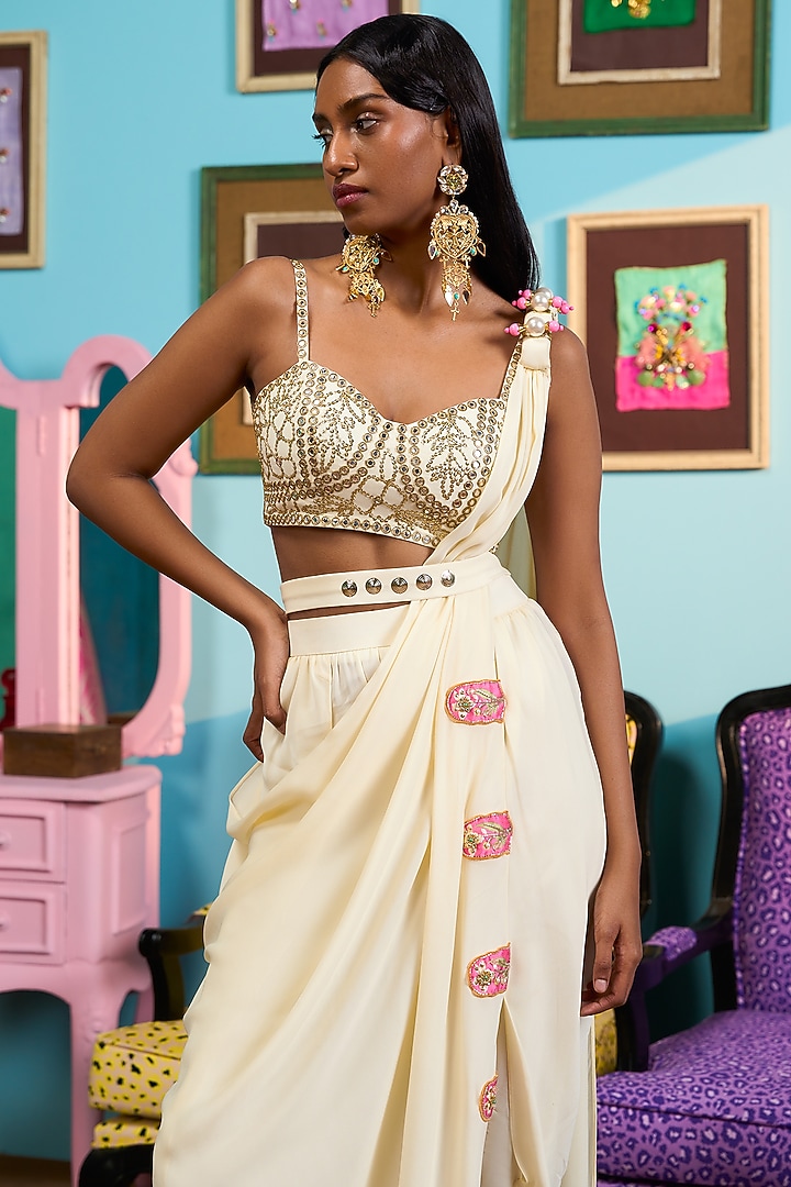Ivory Georgette Pant Reception Saree Set by PAPA DONT PREACH PRET at Pernia's Pop Up Shop