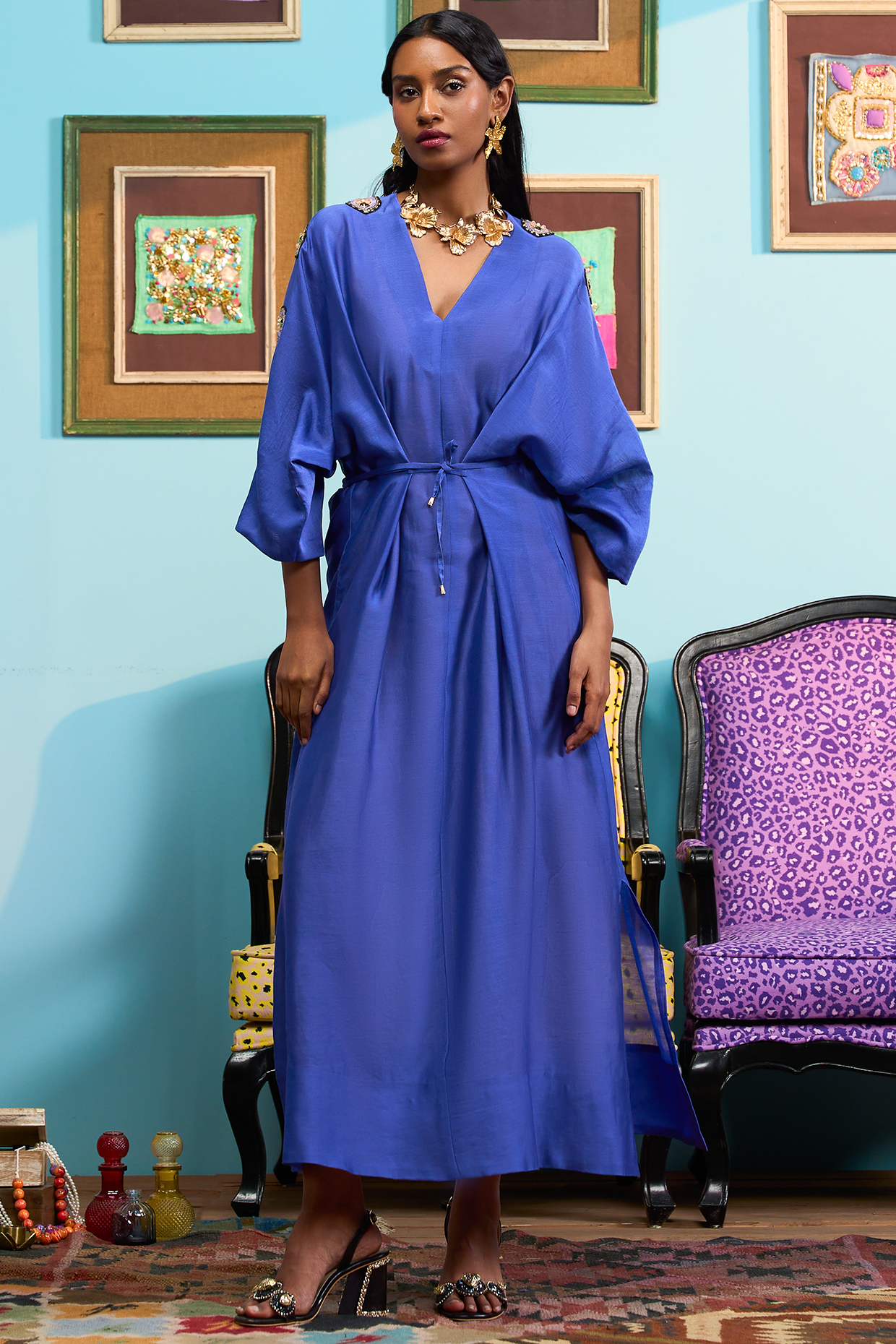 Blue Chanderi Embroidered Kaftan With Slip by Papa Don't Preach by Shubhika at Pernia's Pop Up Shop
