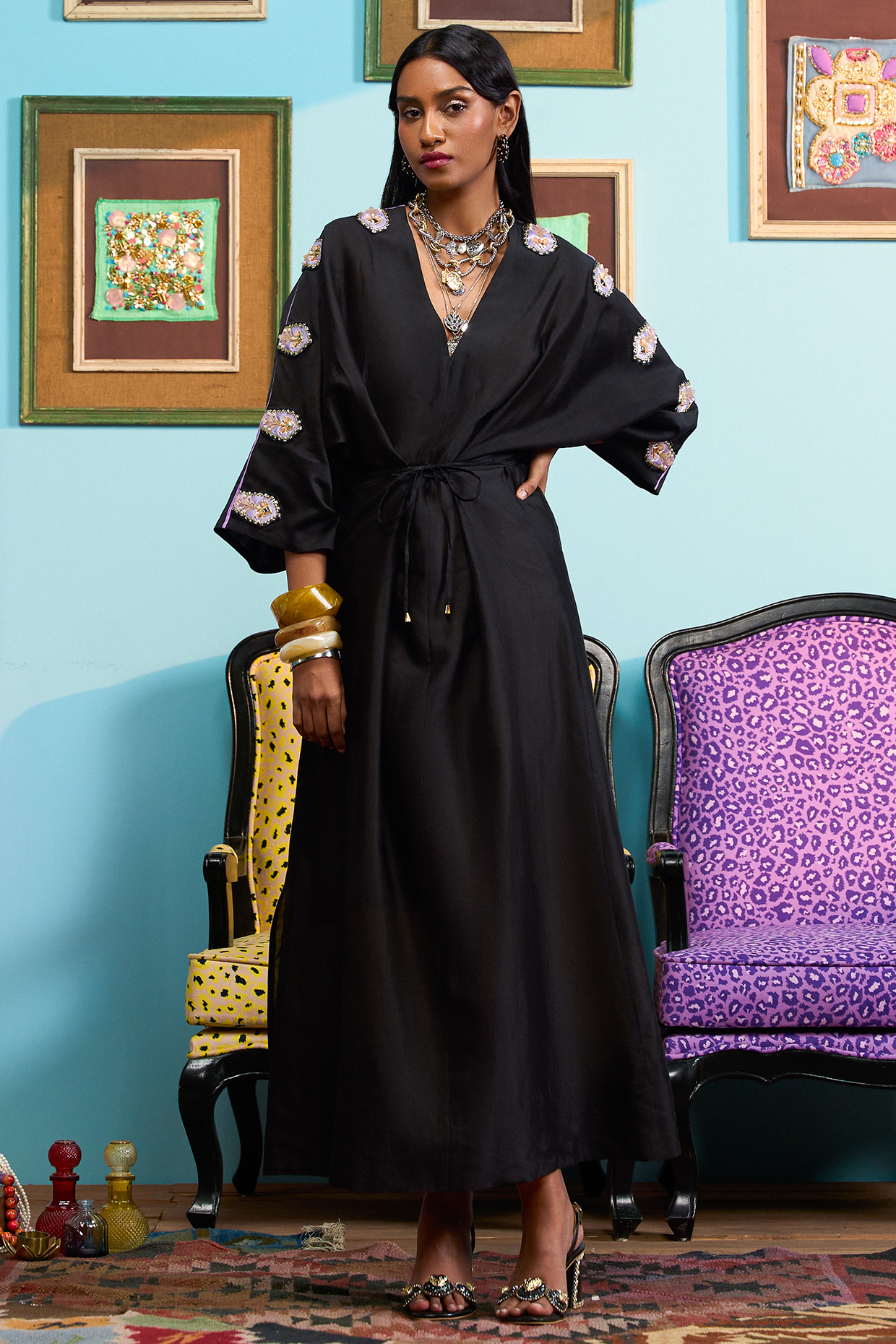 Black Chanderi Embroidered Kaftan With Slip by Papa Don't Preach by Shubhika at Pernia's Pop Up Shop