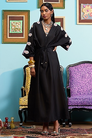 Black Chanderi Embroidered Kaftan by PAPA DONT PREACH PRET