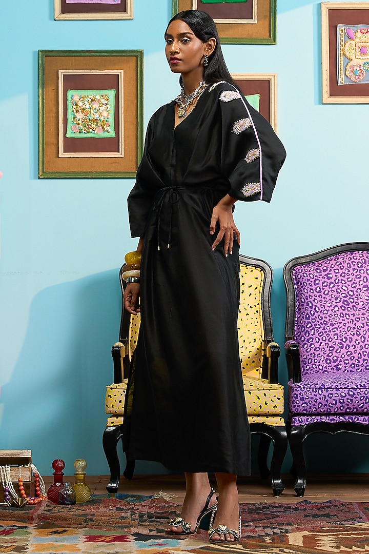 Black Chanderi Embroidered Kaftan by PAPA DONT PREACH PRET at Pernia's Pop Up Shop