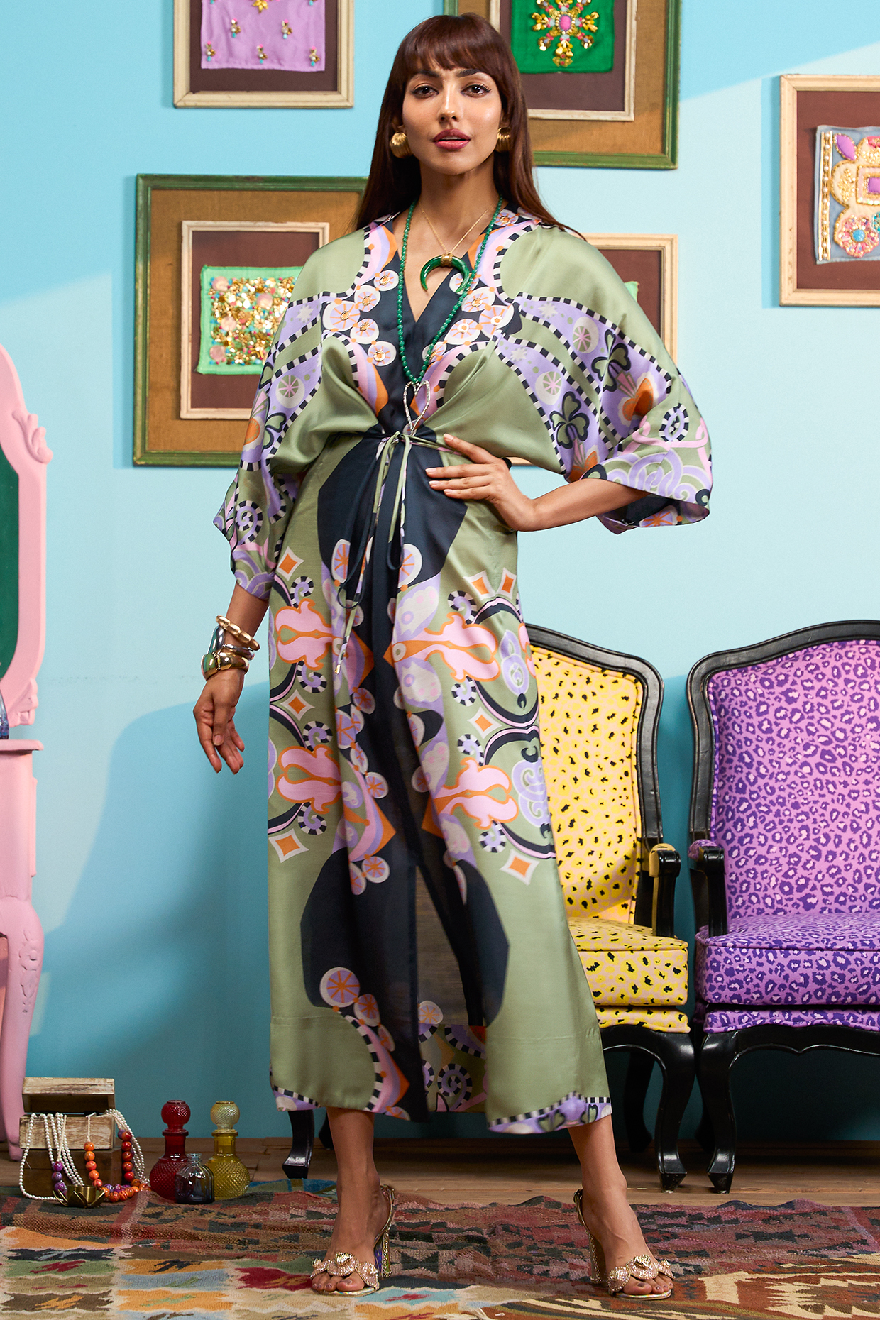 Black Satin Linen Printed Kaftan With Slip by Papa Don't Preach by Shubhika at Pernia's Pop Up Shop